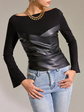 Flared Sleeve Faux Leather Panel Knit Top